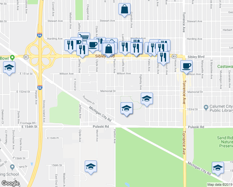 map of restaurants, bars, coffee shops, grocery stores, and more near 1775 Memorial Drive in Calumet City