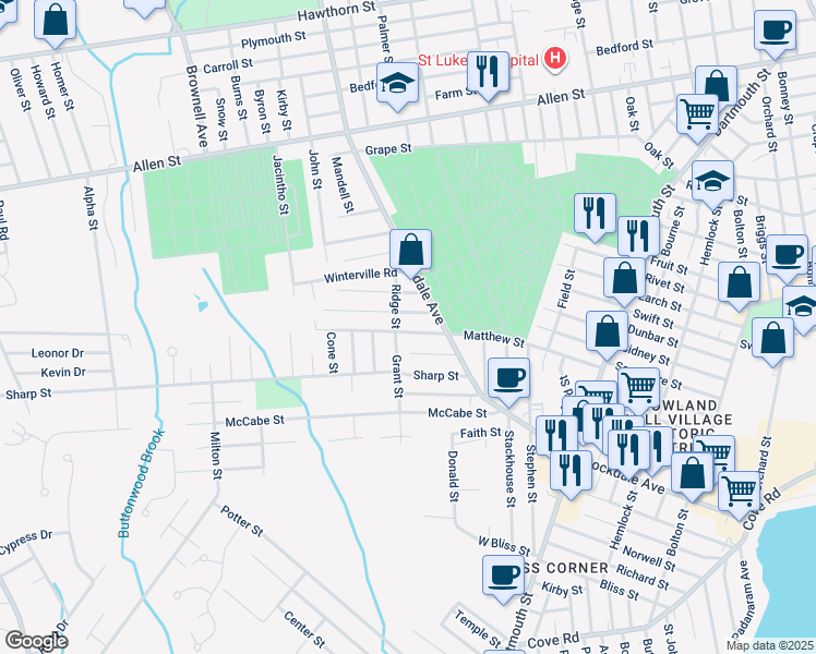 map of restaurants, bars, coffee shops, grocery stores, and more near 207 Matthew Street in New Bedford