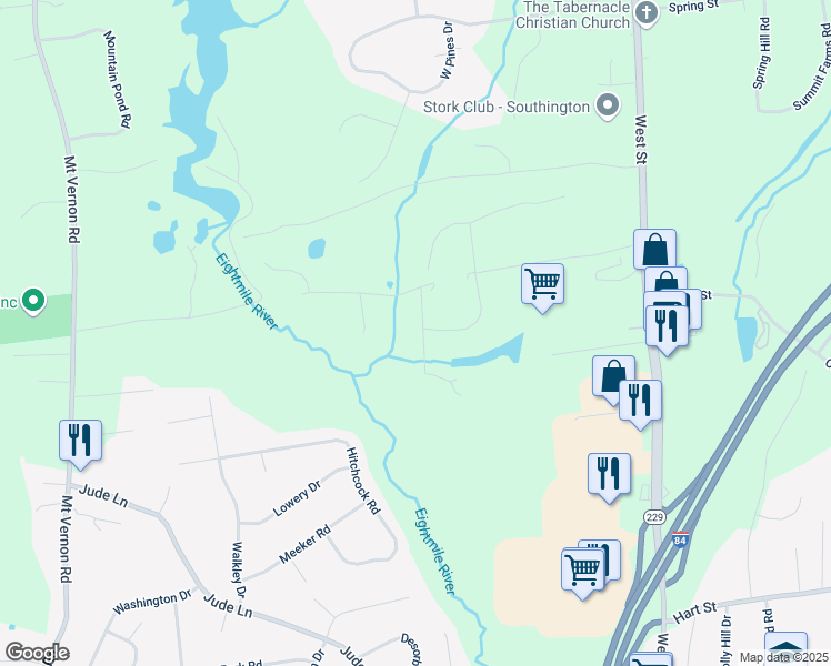 map of restaurants, bars, coffee shops, grocery stores, and more near 46 Ladyslipper Lane in Southington