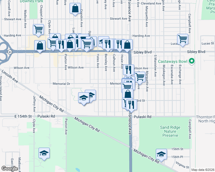 map of restaurants, bars, coffee shops, grocery stores, and more near 1525 Memorial Dr in Calumet City