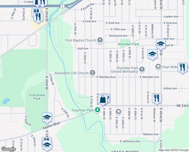 map of restaurants, bars, coffee shops, grocery stores, and more near 2600 East 37th Court in Des Moines