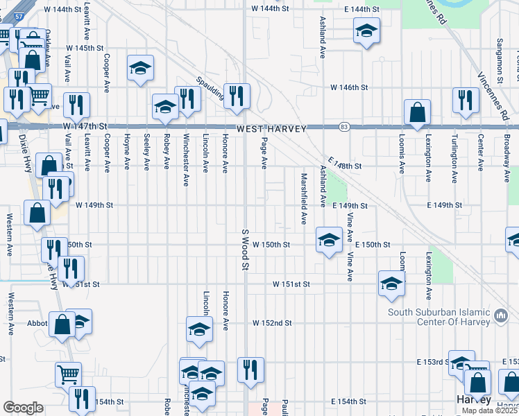 map of restaurants, bars, coffee shops, grocery stores, and more near 14904 Page Avenue in Harvey