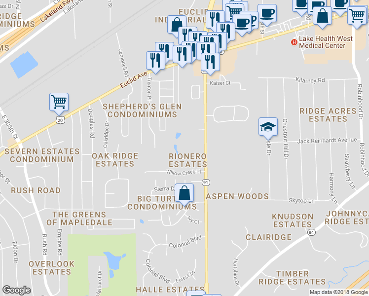 map of restaurants, bars, coffee shops, grocery stores, and more near 5300 Som Center Road in Willoughby