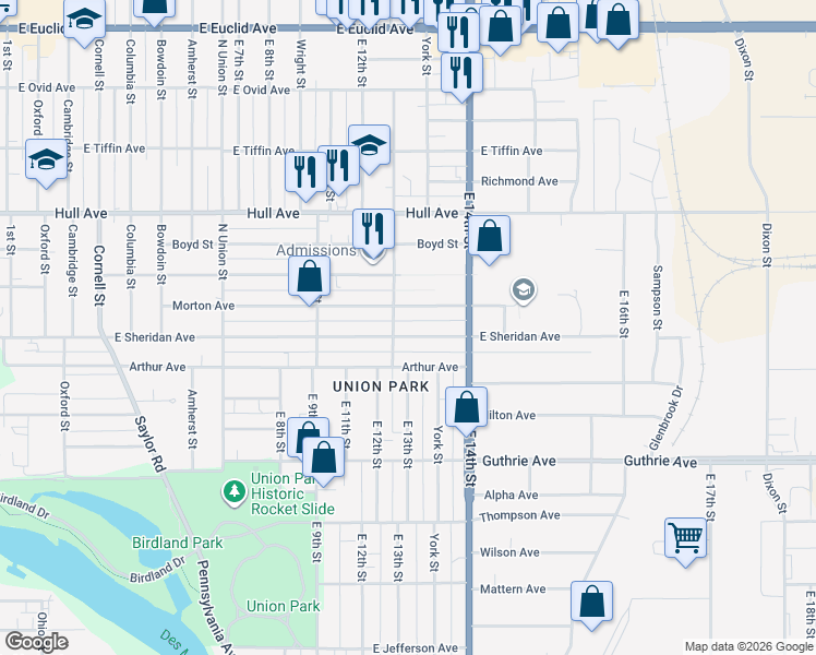 map of restaurants, bars, coffee shops, grocery stores, and more near 1310 East Sheridan Avenue in Des Moines