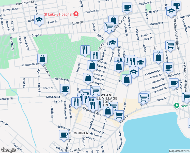 map of restaurants, bars, coffee shops, grocery stores, and more near 103 Dunbar Street in New Bedford