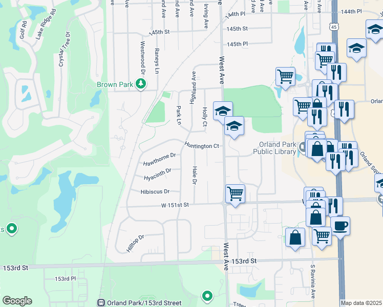 map of restaurants, bars, coffee shops, grocery stores, and more near 14916 Hale Drive in Orland Park