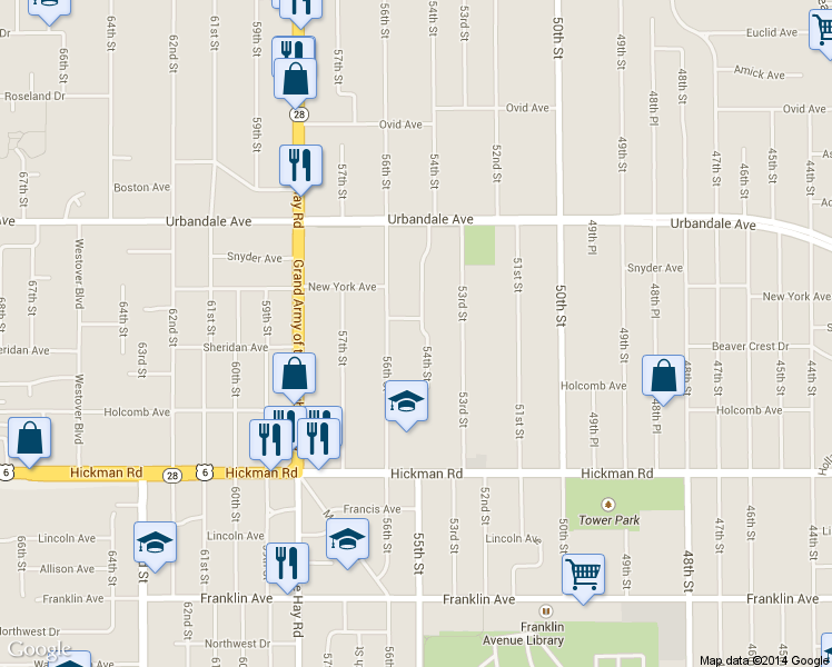 map of restaurants, bars, coffee shops, grocery stores, and more near 2710 54th Street in Des Moines