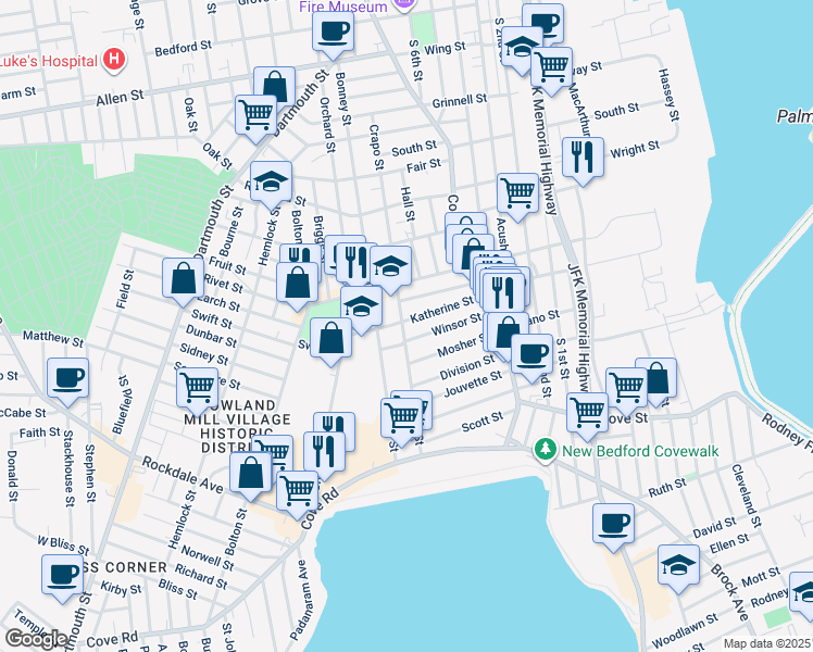 map of restaurants, bars, coffee shops, grocery stores, and more near 74 Katherine Street in New Bedford