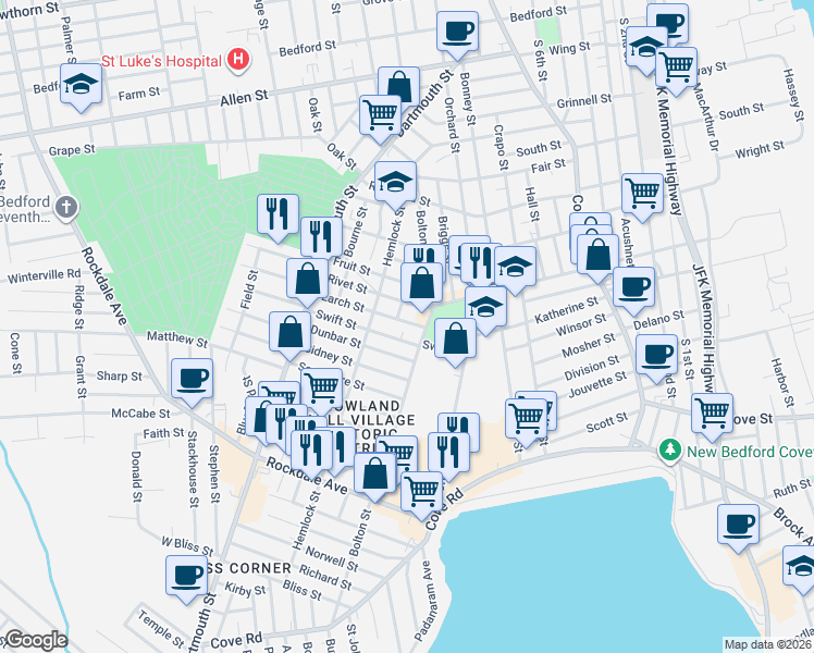 map of restaurants, bars, coffee shops, grocery stores, and more near 28 Larch Street in New Bedford
