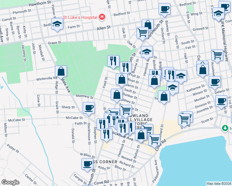 map of restaurants, bars, coffee shops, grocery stores, and more near 15 Stowell Street in New Bedford