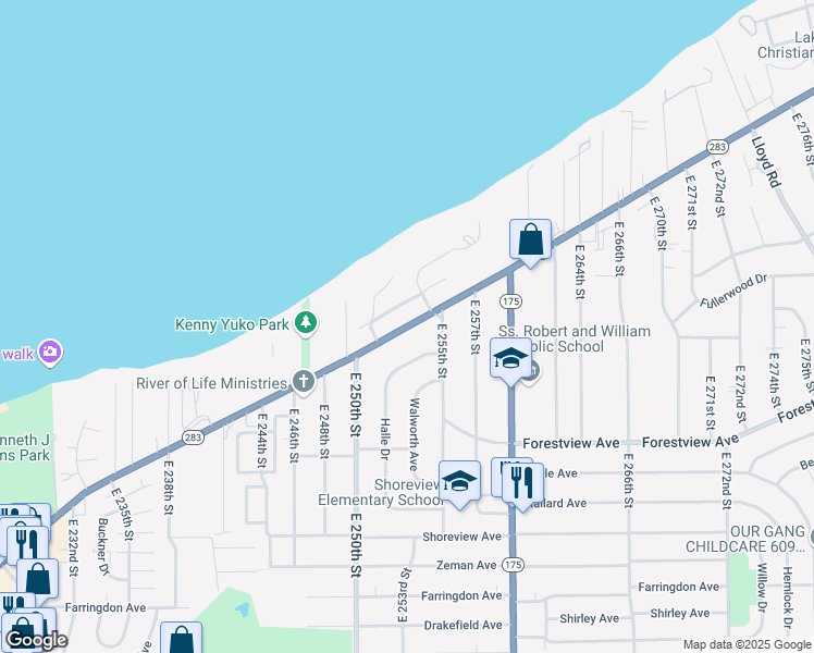map of restaurants, bars, coffee shops, grocery stores, and more near 25360 Lakeshore Boulevard in Euclid