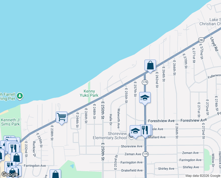 map of restaurants, bars, coffee shops, grocery stores, and more near 25201 Lakeshore Boulevard in Euclid