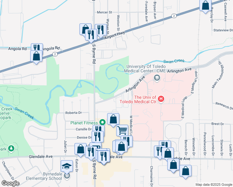 map of restaurants, bars, coffee shops, grocery stores, and more near 3348 Arlington Avenue in Toledo