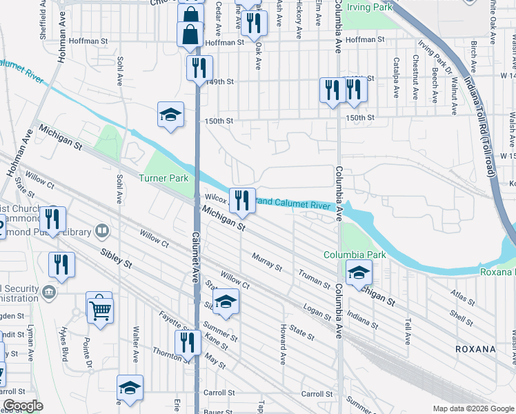 map of restaurants, bars, coffee shops, grocery stores, and more near 913 Wilcox Street in Hammond