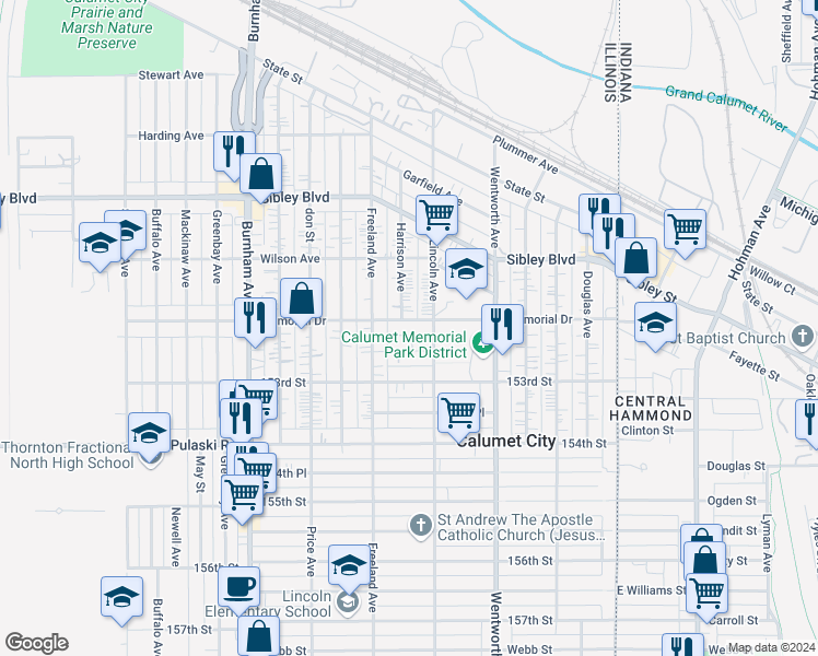 map of restaurants, bars, coffee shops, grocery stores, and more near 333 Memorial Drive in Calumet City