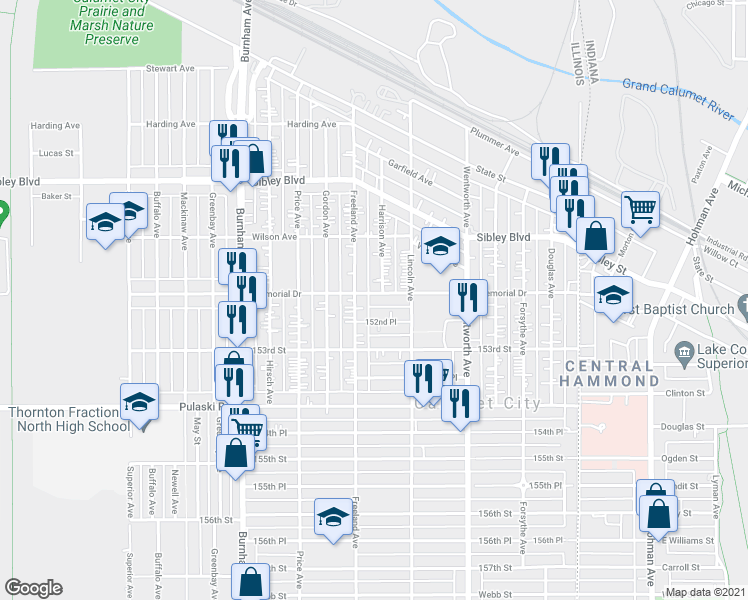 map of restaurants, bars, coffee shops, grocery stores, and more near 333 Memorial Drive in Calumet City