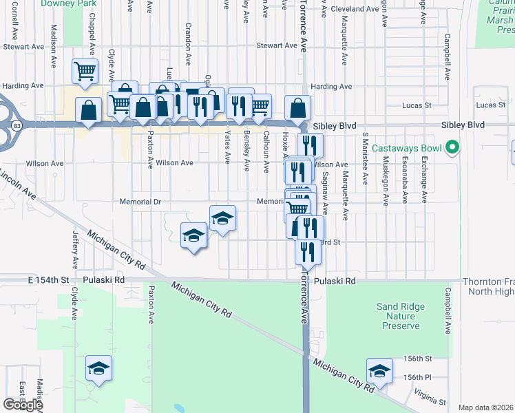 map of restaurants, bars, coffee shops, grocery stores, and more near 1525 Memorial Drive in Calumet City