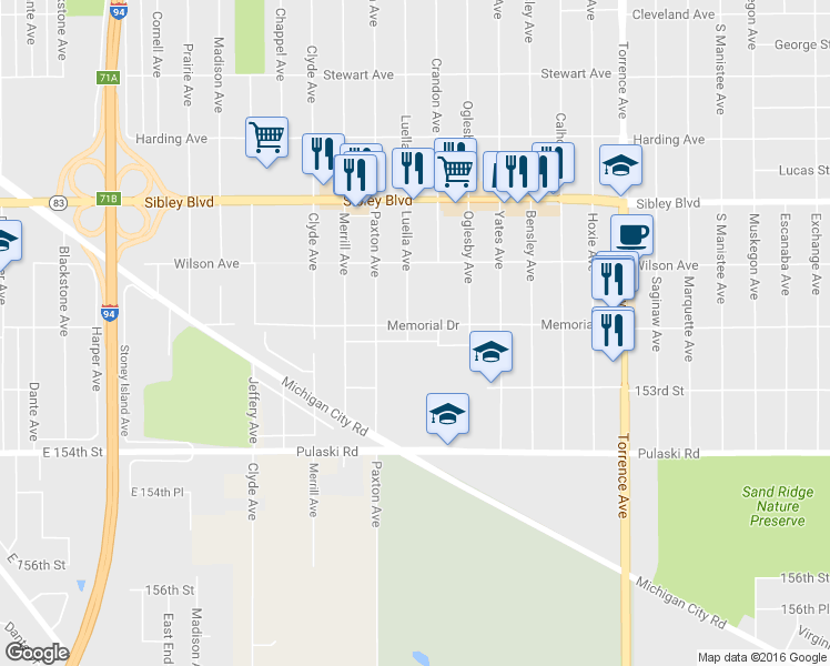 map of restaurants, bars, coffee shops, grocery stores, and more near 1717 Memorial Drive in Calumet City