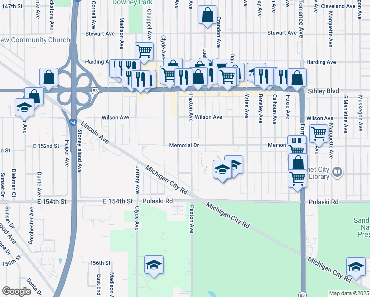 map of restaurants, bars, coffee shops, grocery stores, and more near 1847 Memorial Drive in Calumet City