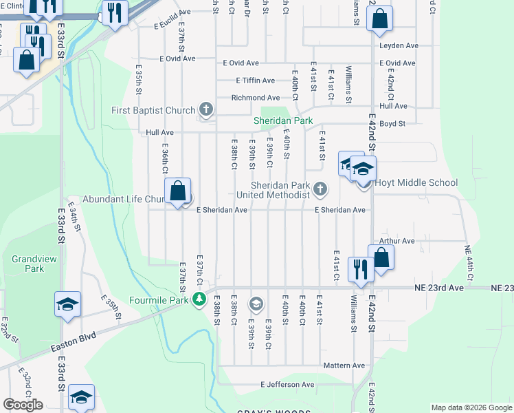 map of restaurants, bars, coffee shops, grocery stores, and more near 2600 East 39th Street in Des Moines