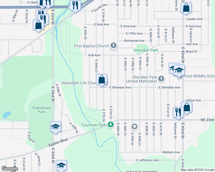 map of restaurants, bars, coffee shops, grocery stores, and more near 2600 East 37th Court in Des Moines