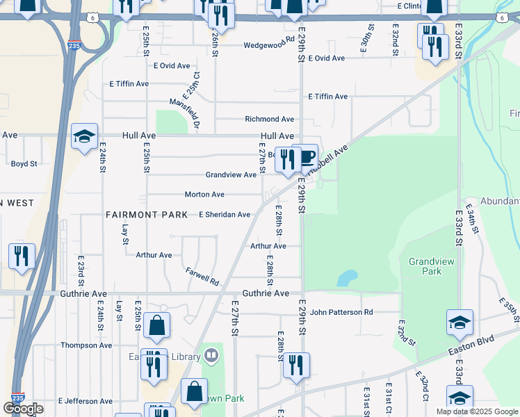 map of restaurants, bars, coffee shops, grocery stores, and more near 2616 East 27th Street in Des Moines