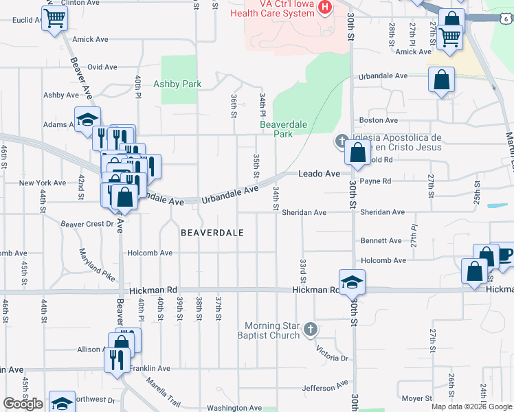 map of restaurants, bars, coffee shops, grocery stores, and more near 3501 Sheridan Avenue in Des Moines