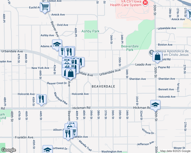 map of restaurants, bars, coffee shops, grocery stores, and more near 3810 Urbandale Avenue in Des Moines