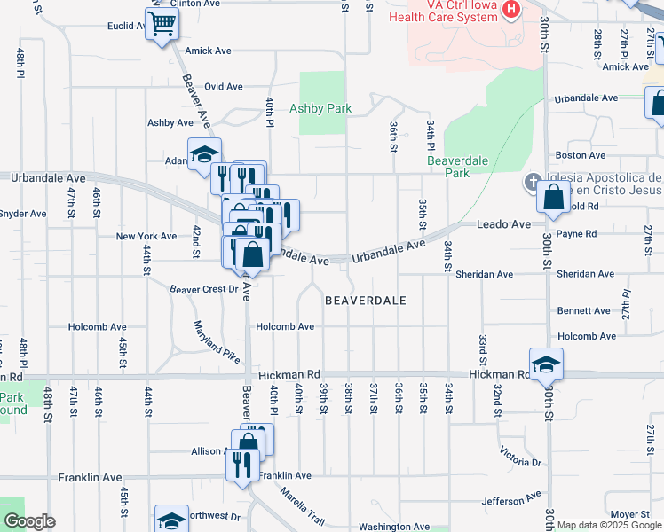 map of restaurants, bars, coffee shops, grocery stores, and more near 3810 Urbandale Avenue in Des Moines