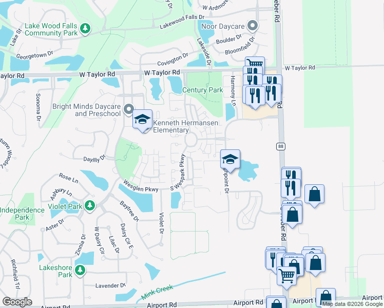 map of restaurants, bars, coffee shops, grocery stores, and more near 1481 Mountain Laurel Court in Romeoville