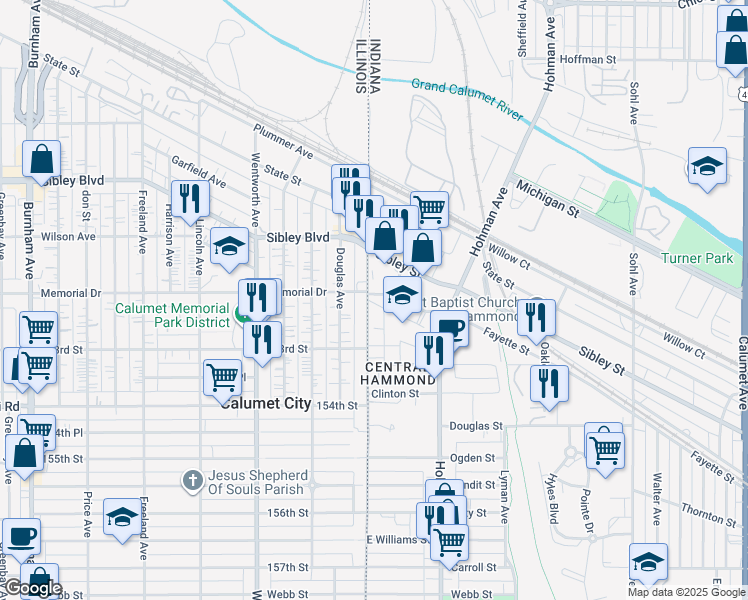map of restaurants, bars, coffee shops, grocery stores, and more near 8 Rimbach Street in Hammond