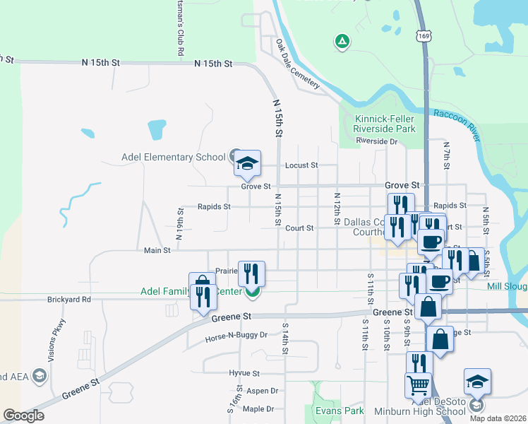 map of restaurants, bars, coffee shops, grocery stores, and more near 1517 Rapids Street in Adel