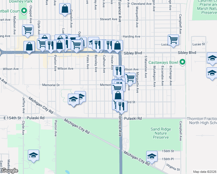 map of restaurants, bars, coffee shops, grocery stores, and more near 1461 Memorial Drive in Calumet City