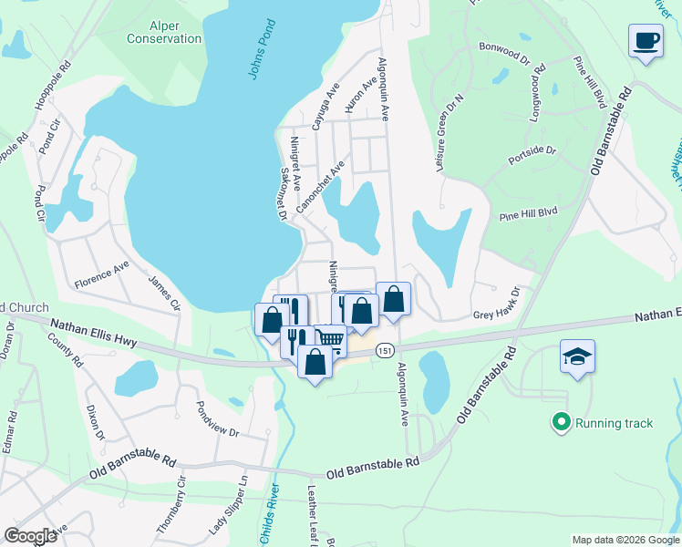 map of restaurants, bars, coffee shops, grocery stores, and more near 20 Nohono Road in Mashpee
