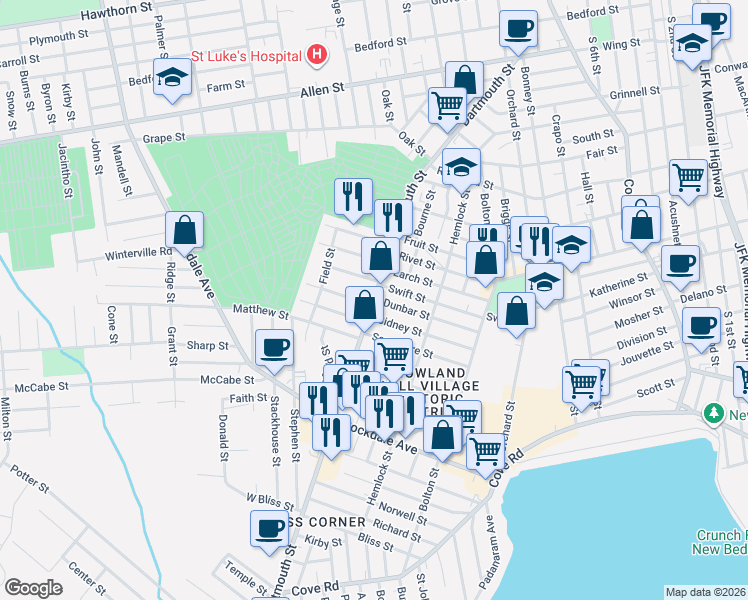 map of restaurants, bars, coffee shops, grocery stores, and more near 330 Dartmouth Street in New Bedford