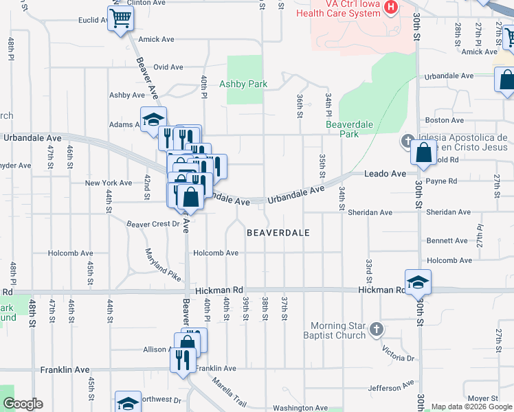 map of restaurants, bars, coffee shops, grocery stores, and more near 3810 Urbandale Avenue in Des Moines