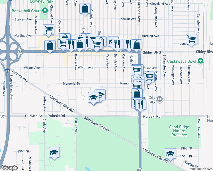 map of restaurants, bars, coffee shops, grocery stores, and more near 1601 Memorial Drive in Calumet City