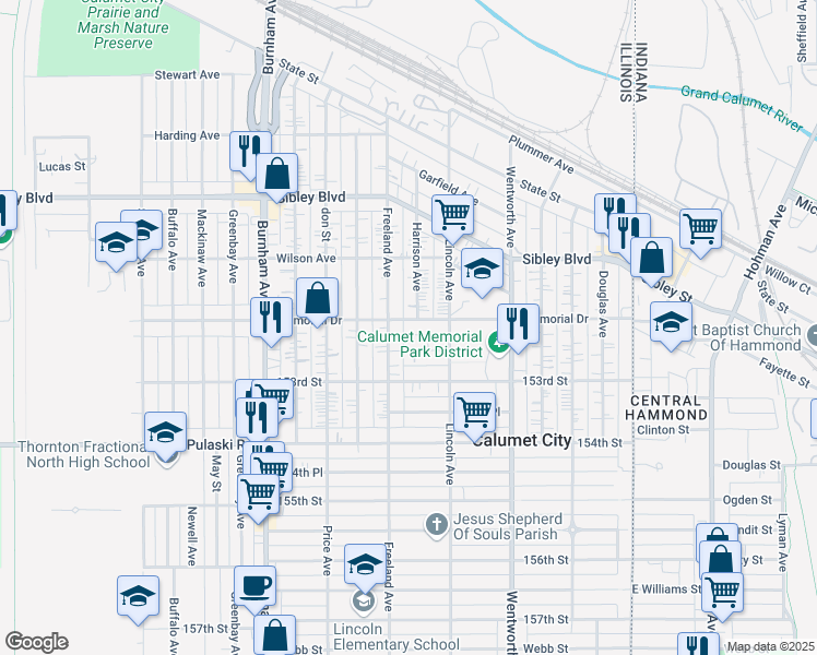 map of restaurants, bars, coffee shops, grocery stores, and more near 333 Memorial Drive in Calumet City