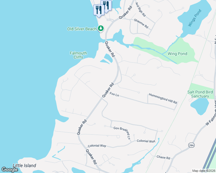 map of restaurants, bars, coffee shops, grocery stores, and more near 203 Quaker Road in Falmouth