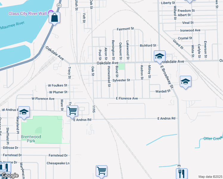 map of restaurants, bars, coffee shops, grocery stores, and more near 1732 Bond Street in Toledo