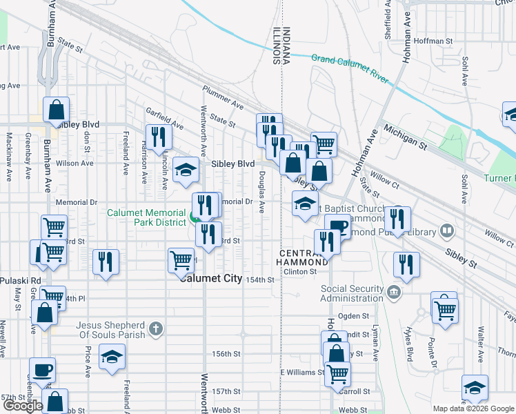 map of restaurants, bars, coffee shops, grocery stores, and more near 580 Douglas Avenue in Calumet City