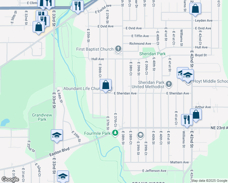 map of restaurants, bars, coffee shops, grocery stores, and more near 2600 East 37th Court in Des Moines