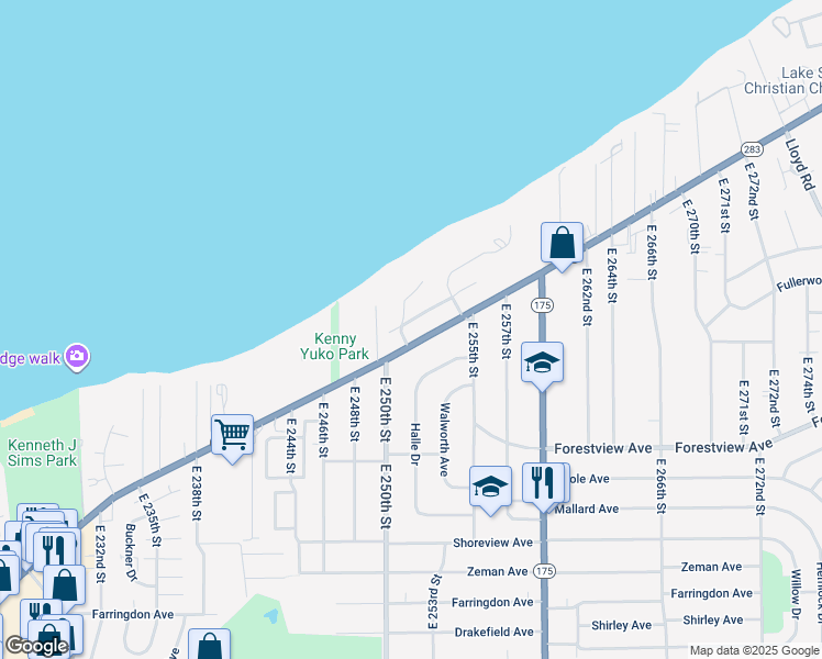 map of restaurants, bars, coffee shops, grocery stores, and more near 25201 Lake Shore Boulevard in Euclid