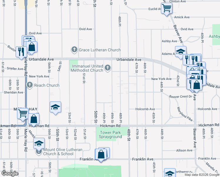 map of restaurants, bars, coffee shops, grocery stores, and more near 2712 49th Street in Des Moines