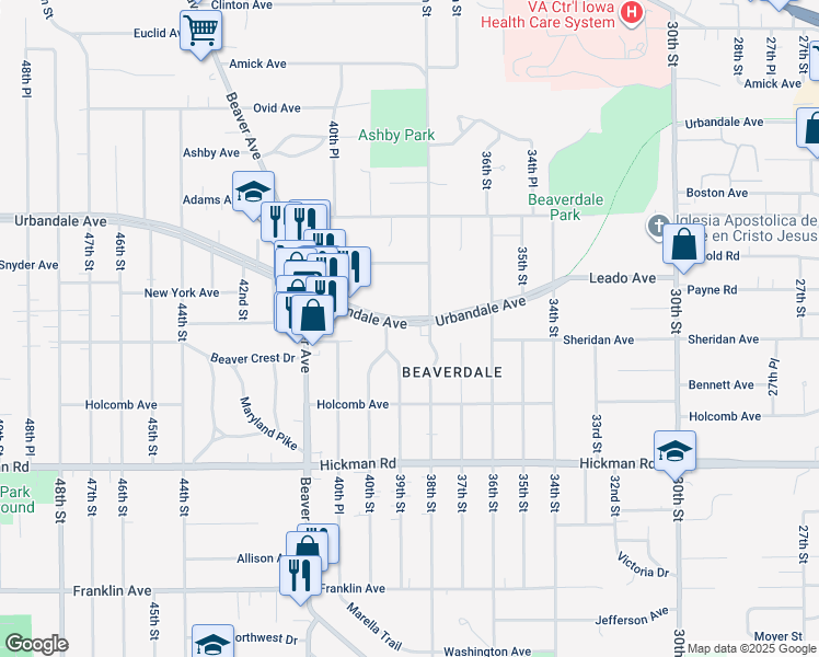 map of restaurants, bars, coffee shops, grocery stores, and more near 3810 Urbandale Avenue in Des Moines