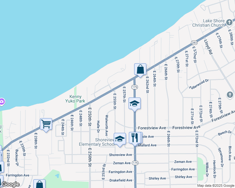 map of restaurants, bars, coffee shops, grocery stores, and more near 247 E 255th St in Euclid