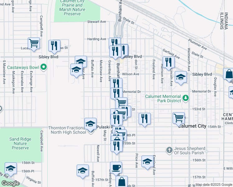 map of restaurants, bars, coffee shops, grocery stores, and more near 580 Burnham Avenue in Calumet City
