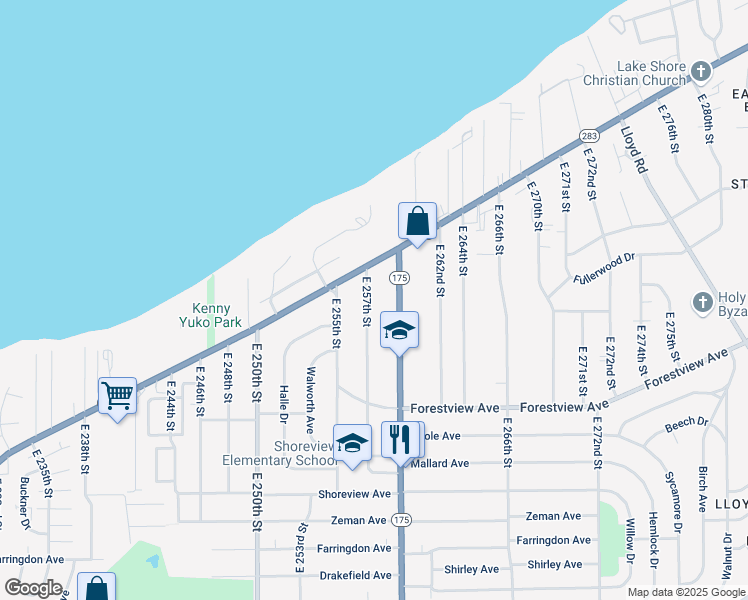 map of restaurants, bars, coffee shops, grocery stores, and more near 259 East 257th Street in Euclid