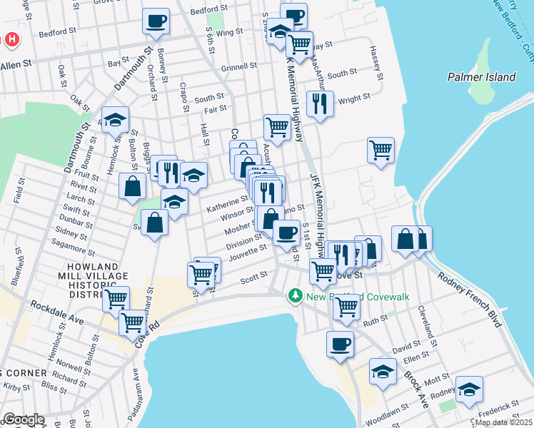 map of restaurants, bars, coffee shops, grocery stores, and more near 104 County Street in New Bedford