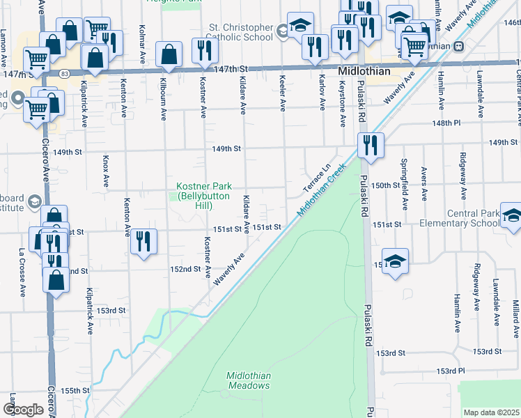 map of restaurants, bars, coffee shops, grocery stores, and more near 15035 Kildare Avenue in Midlothian